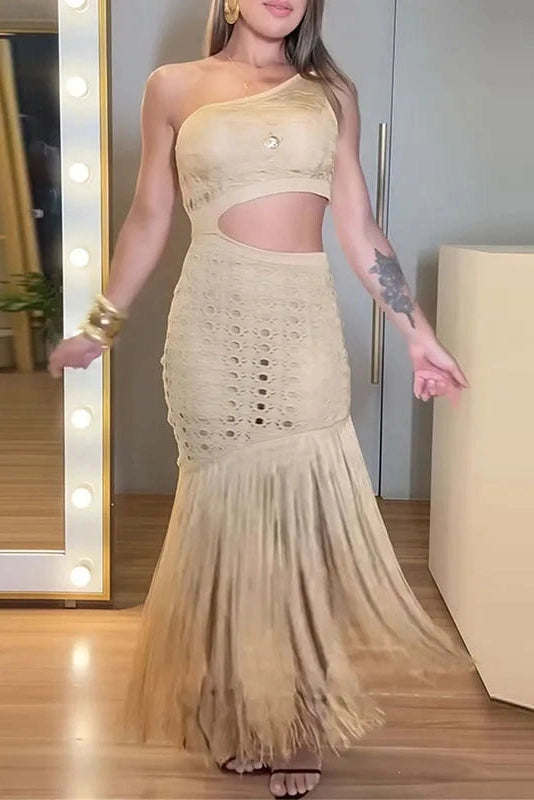 Glorol - Hollow Out High Waist Knitted Sleeveless Slim Maxi Dress