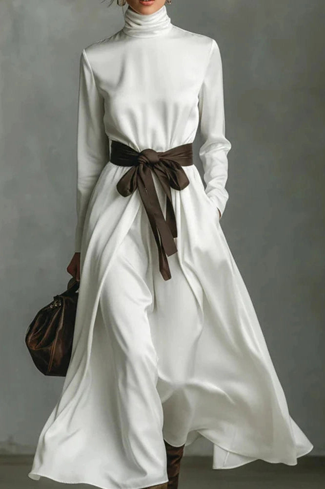 Glorol - Elegant Lace Up Pleated Turtleneck Long Sleeve Maxi Dress
