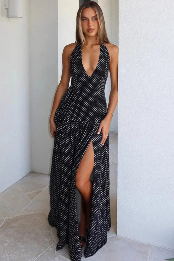 Glorol - Backless Deep V Neck Sleeveless High Split Bodycon Maxi Dress