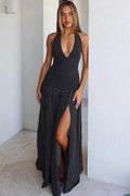 Glorol - Backless Deep V Neck Sleeveless High Split Bodycon Maxi Dress
