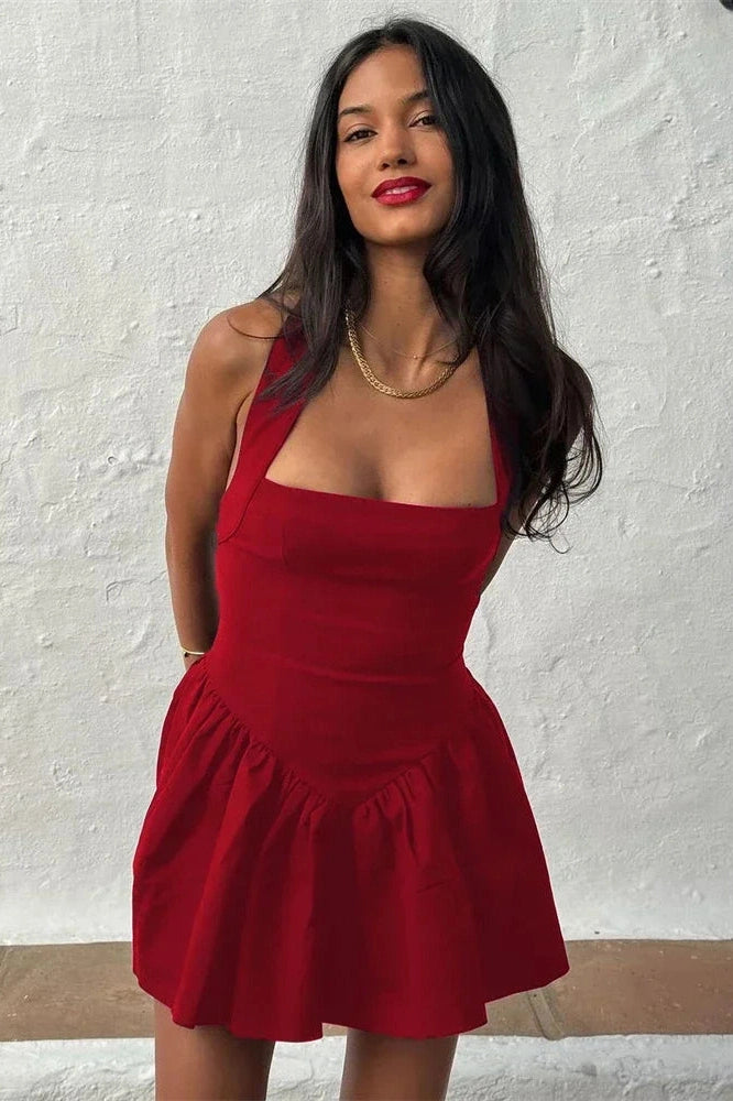Glorol - Pleated A-Line Slim Fit High Waisted Patchwork Mini Dress