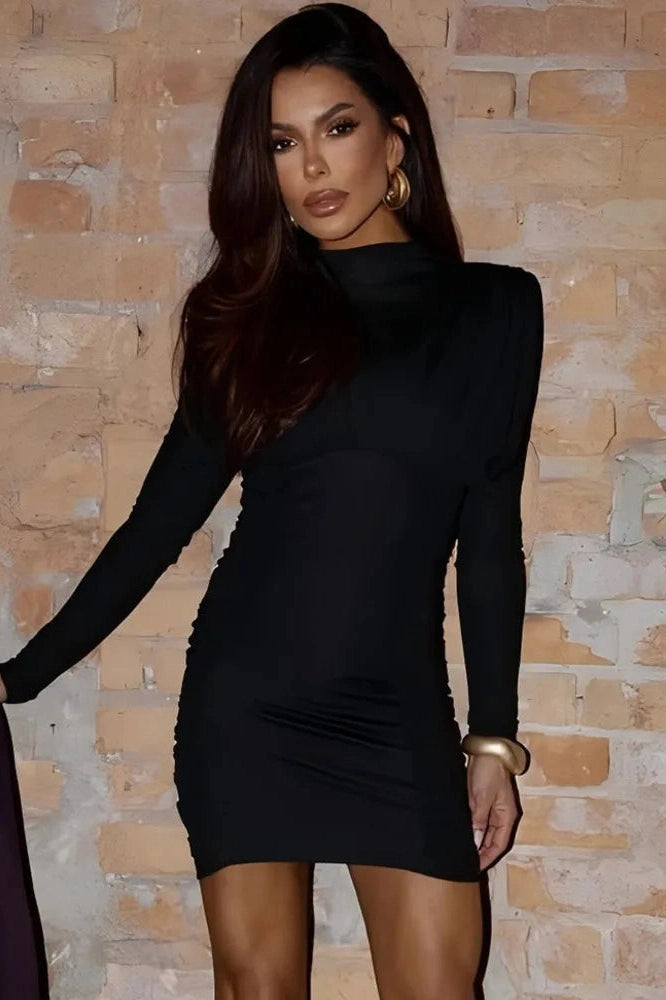 Glorol - Elegant Long Sleeve High Collar Mini Dress