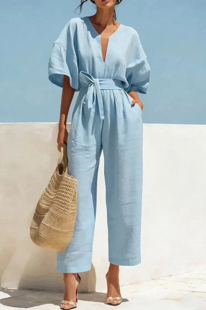 Glorol - Lace-Up Waist Cotton V-Neck Half Sleeve Jumpsuit
