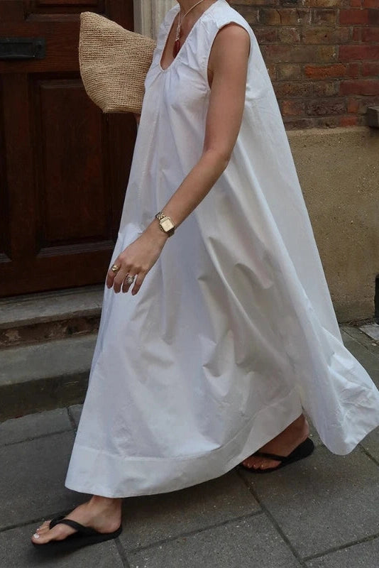 Glorol - Sleeveless Cotton U-Neck Loose Maxi Dress