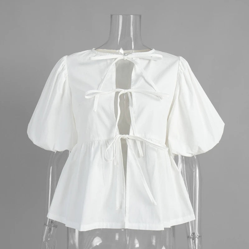 Glorol - Lace-Up Round Neck Loose Short-Sleeve Top