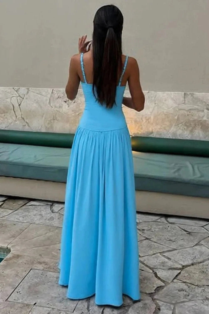 Glorol - Spaghetti Strap Backless Sleeveless High Waist Pleated Maxi Dress