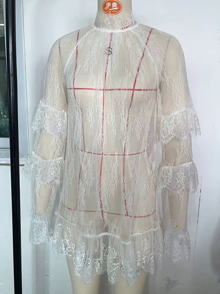 Glorol - Lace See-Through Long Sleeve Loose Mini Dress