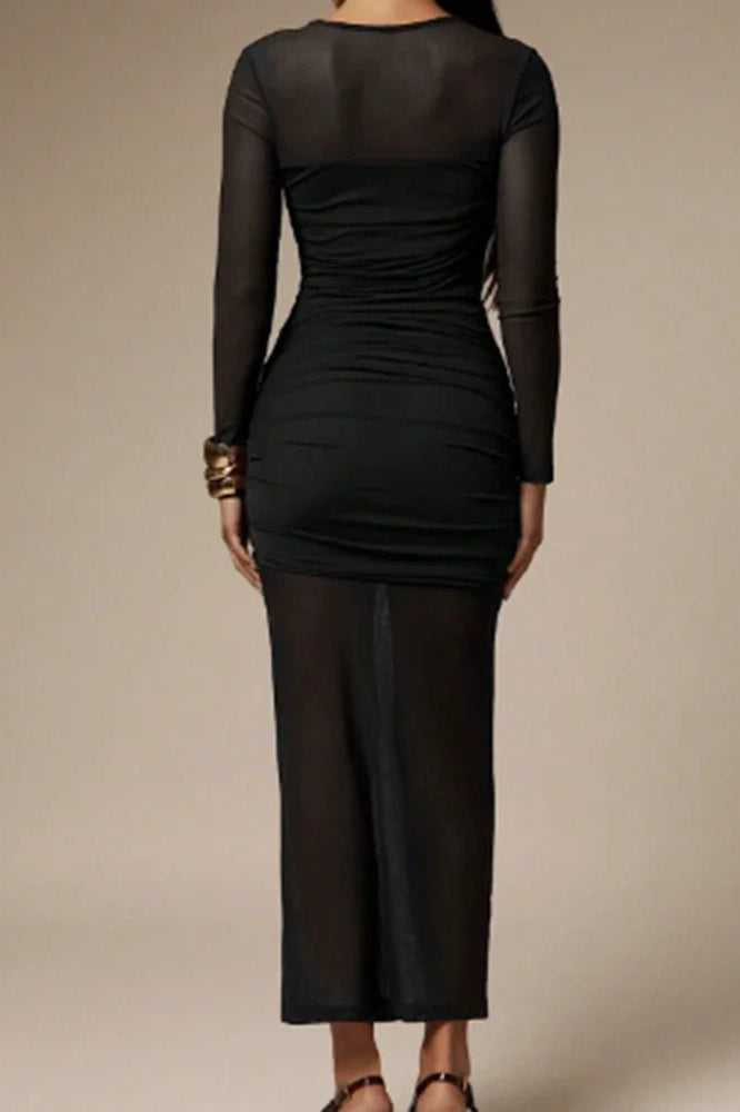 Glorol - O-Neck High Waist Pleated Long Sleeve Slim Maxi Dress
