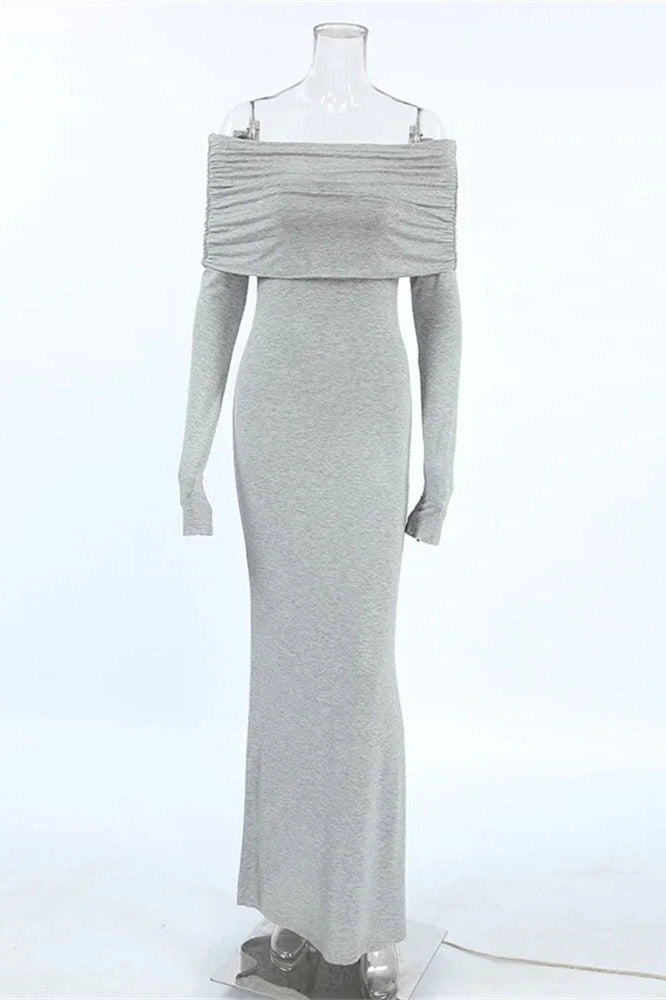 Glorol - Off-Shoulder Patchwork High Waist Slim Maxi Dress