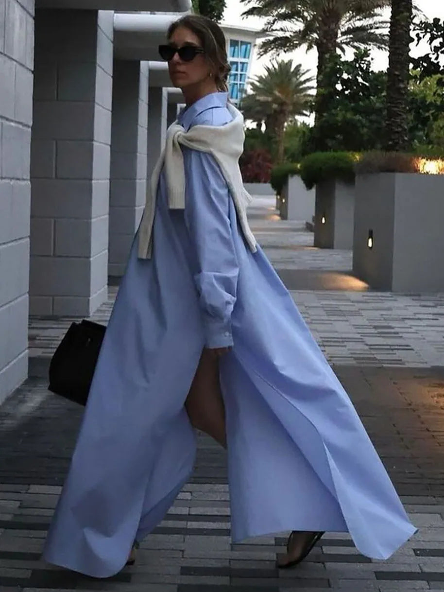 Glorol - Long Sleeve Loose Single Breasted Slit Maxi Dress