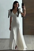 Glorol - Elegant Lace Up Puff Sleeve V Neck Maxi Dress