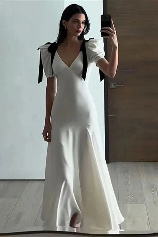 Glorol - Elegant Lace Up Puff Sleeve V Neck Maxi Dress