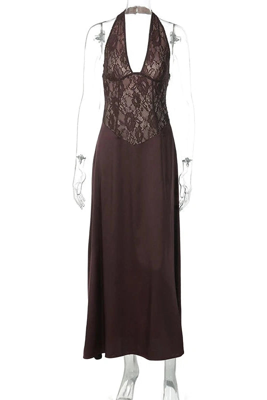 Glorol - Hollow-Out Lace Patchwork Deep V-Neck Maxi Dress