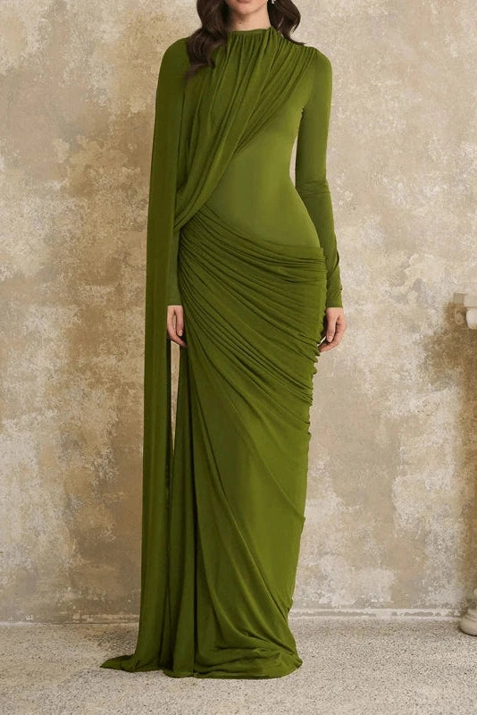 Glorol - Long Sleeve High Waist Slim Pleated Maxi Dress