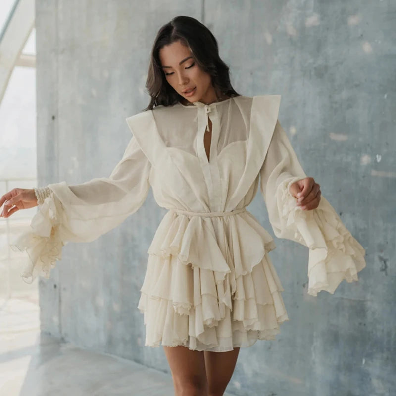Glorol - See-Through Long Sleeve Lace Up Mini Dress