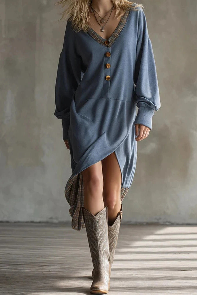 Glorol - Long Sleeve V-Neck Button Split High Waist Irregular Midi Dress