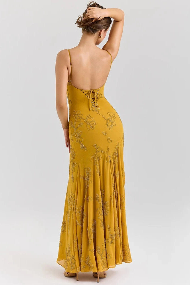 Glorol - Spaghetti Strap Backless Sleeveless Lace-Up Bodycon Maxi Dress