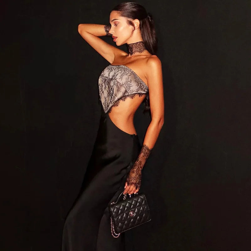 Glorol - Patchwork Strapless Backless 3 Piece Maxi Dress