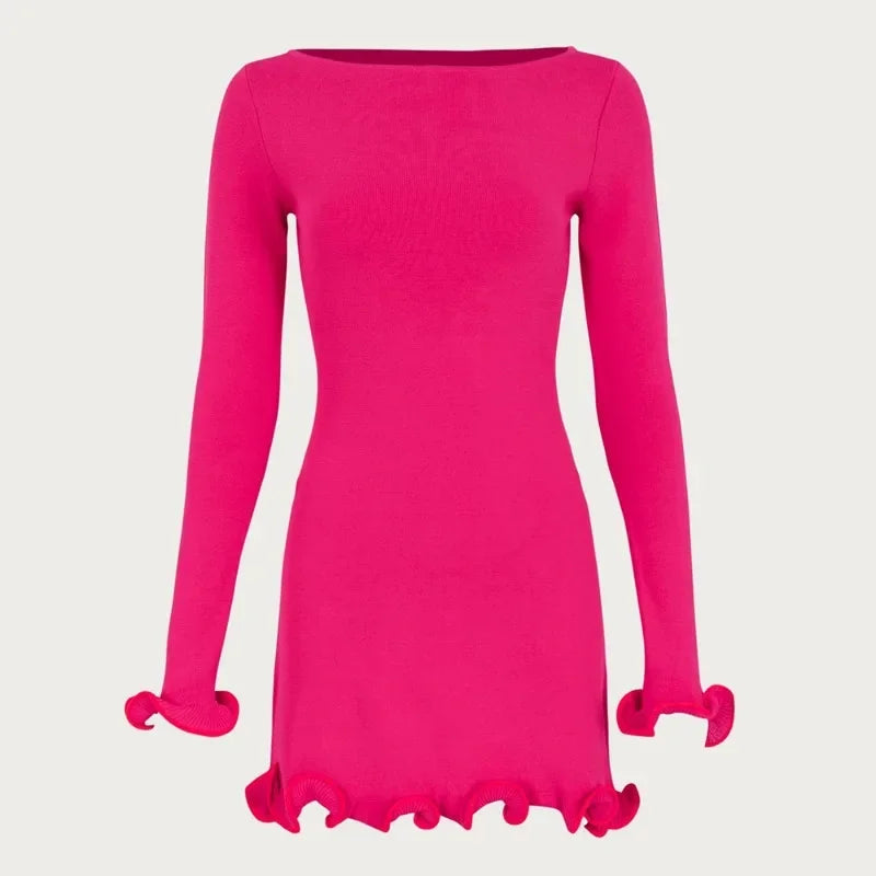 Glorol - Knitted O-Neck Long Sleeve Slim Mini Dress
