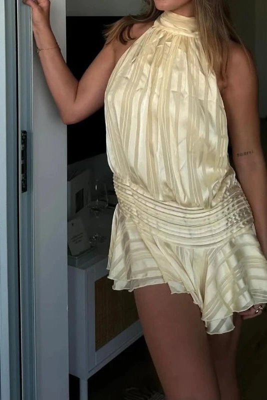 Glorol - Elegant Pleated Backless Sleeveless High Waist Mini Dress
