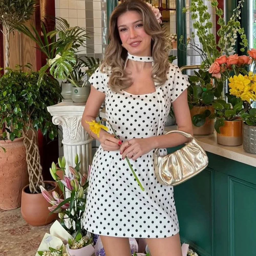 Glorol - Elegant Polka Dot Lace-Up Hollow Out Mini Dress