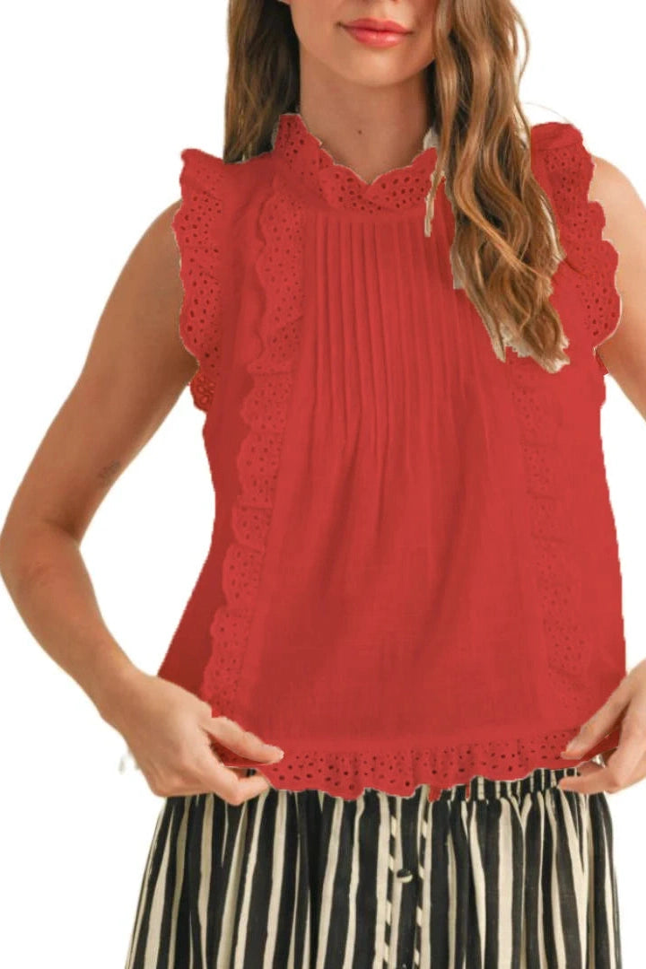 Glorol - Lace Sleeveless Round Neck Loose Fit Top