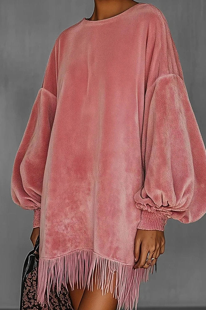 Elegant O-Neck Long Sleeve Loose A-Line High Waist Mini Dress