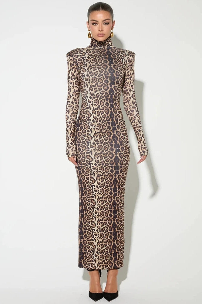 Glorol - Leopard Print Long Sleeve Turtleneck Maxi Dress