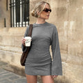 Glorol - Round Neck A-Line Long Sleeve Mini Dress