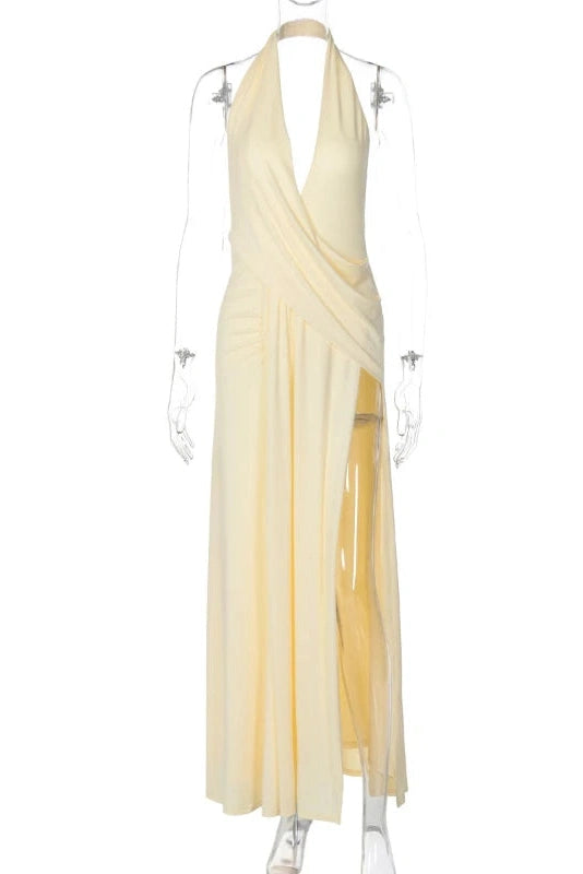 Glorol - Deep V Neck Backless Sleeveless High Waist Slit Irregular Maxi Dress