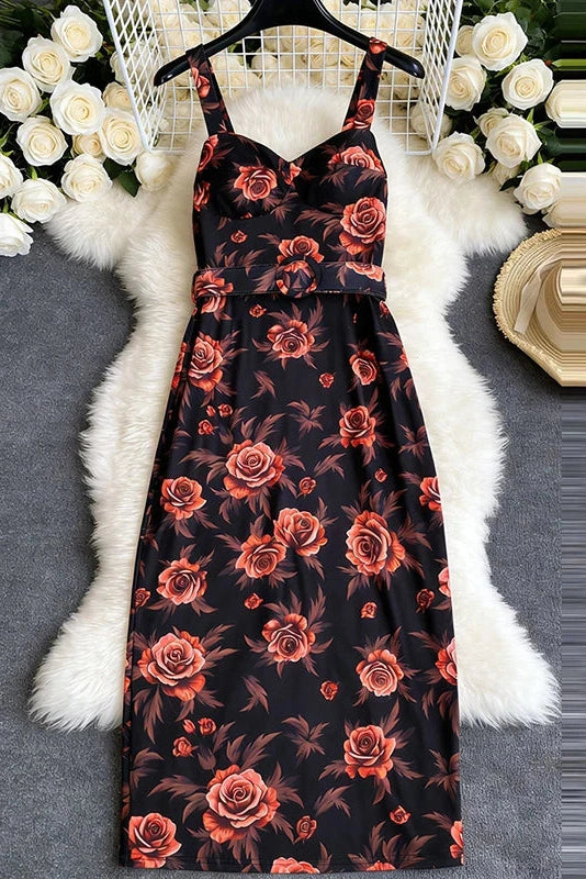 Glorol - Backless Printed Slim Sleeveless High Waist Midi Dress