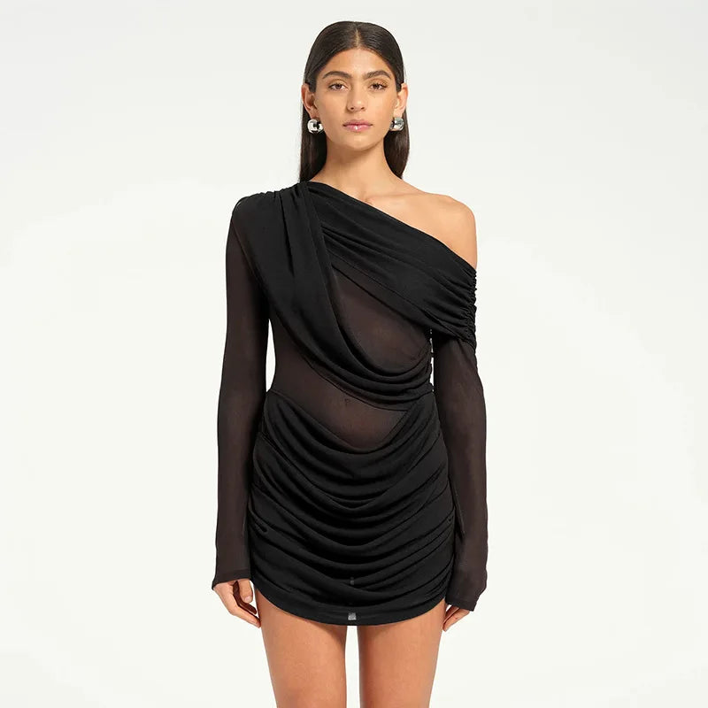 Glorol - One Shoulder Long Sleeve Slim  Mini Dress