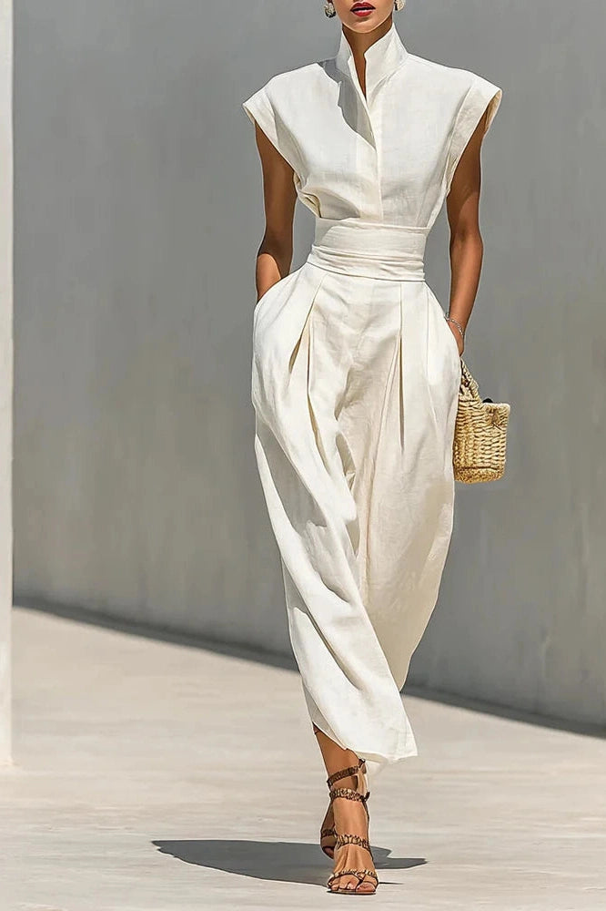 Glorol - Elegant High Waist Slim Pleated Sleeveless Midi Dress