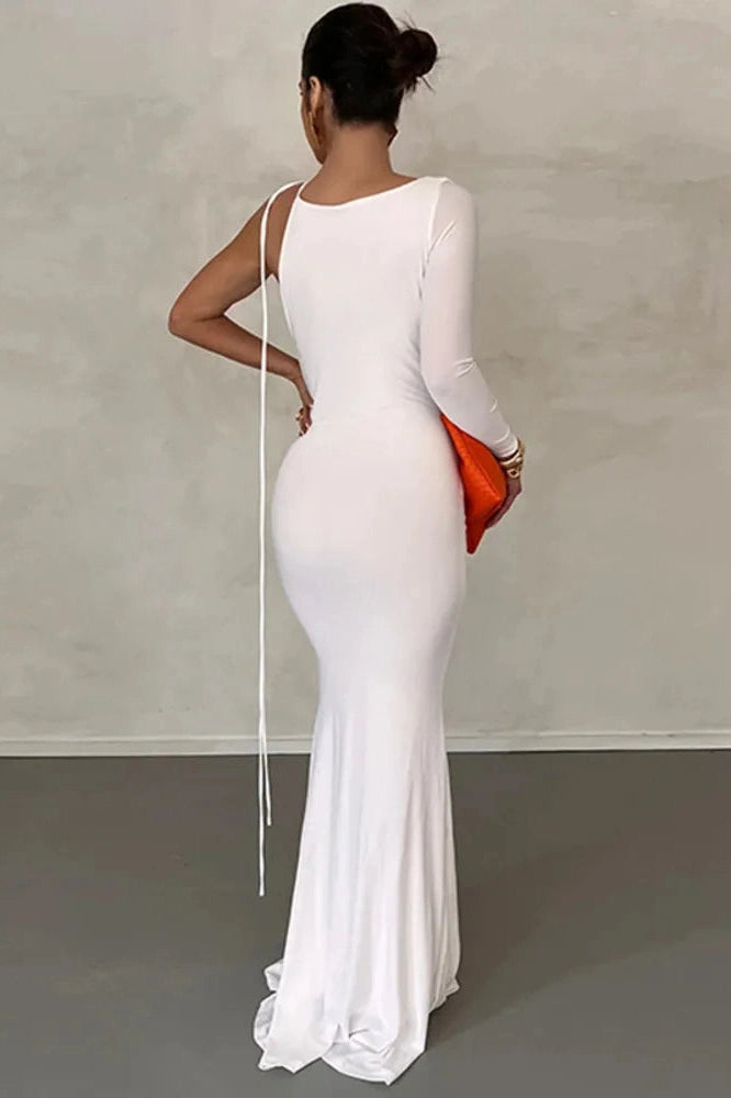 Glorol - Elegant V Neck One Sleeve Lace-up Backless Maxi Dress