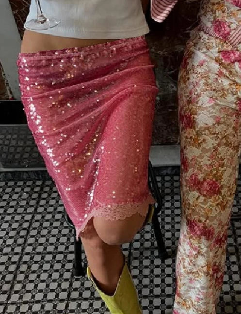 Glorol - Low Waist Sequins Lace Skirt
