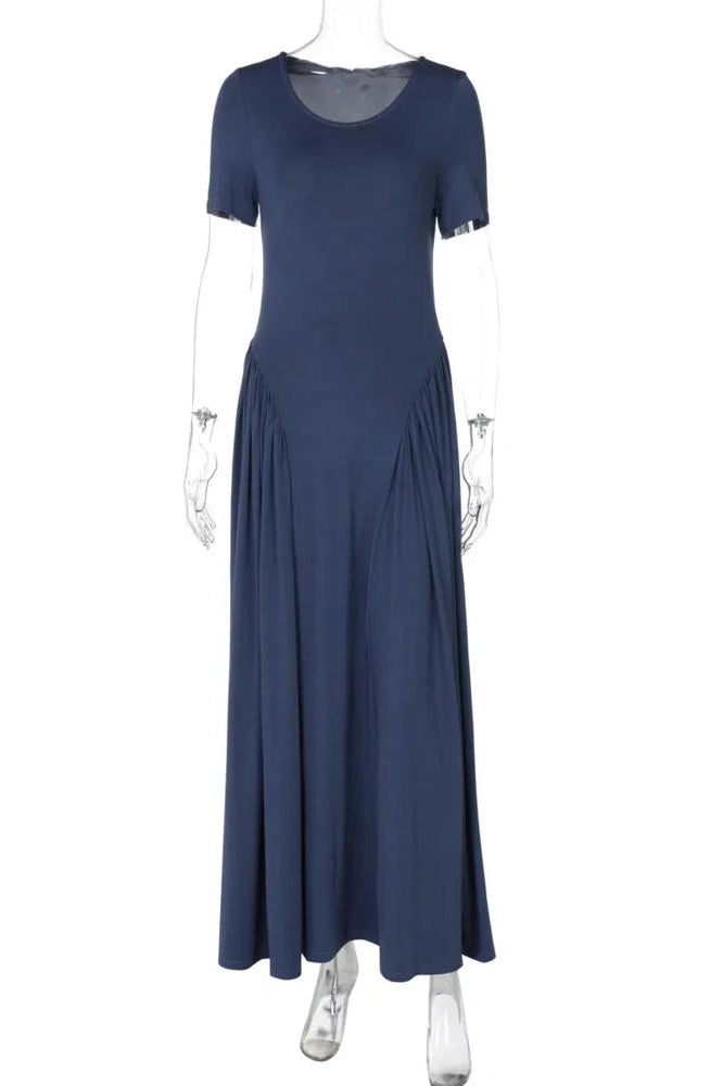 Glorol - Short Sleeve O Neck High Waist Pleated Maxi Dress