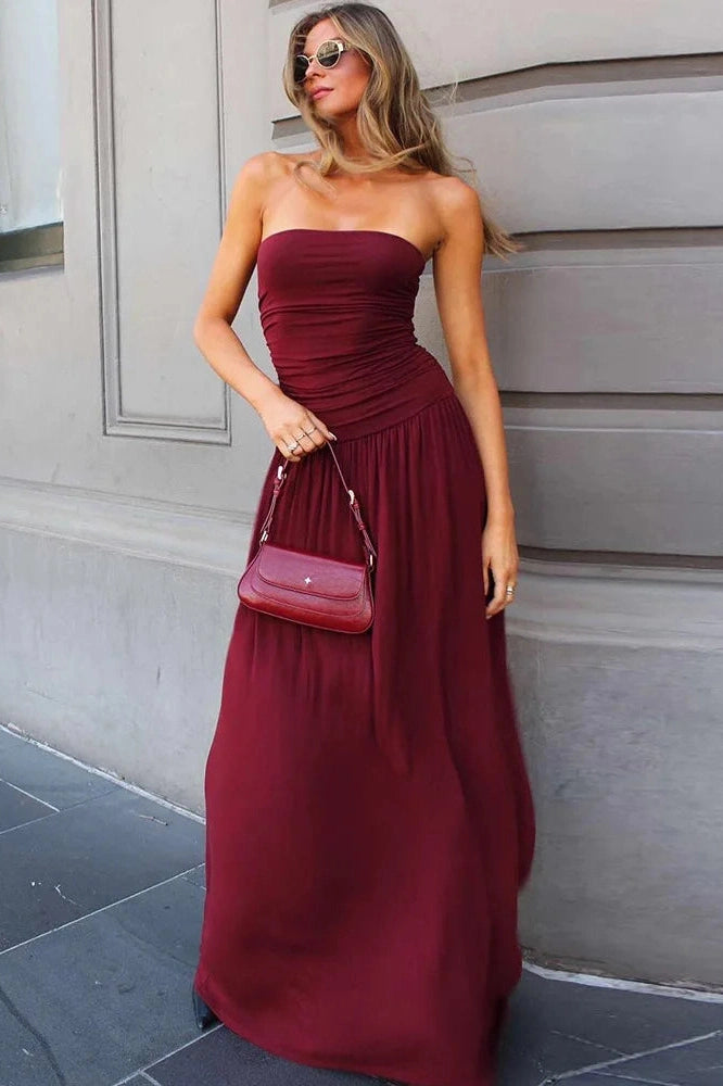 Glorol - Off-Shoulder Strapless Pleated Sleeveless High Waist Maxi Dress