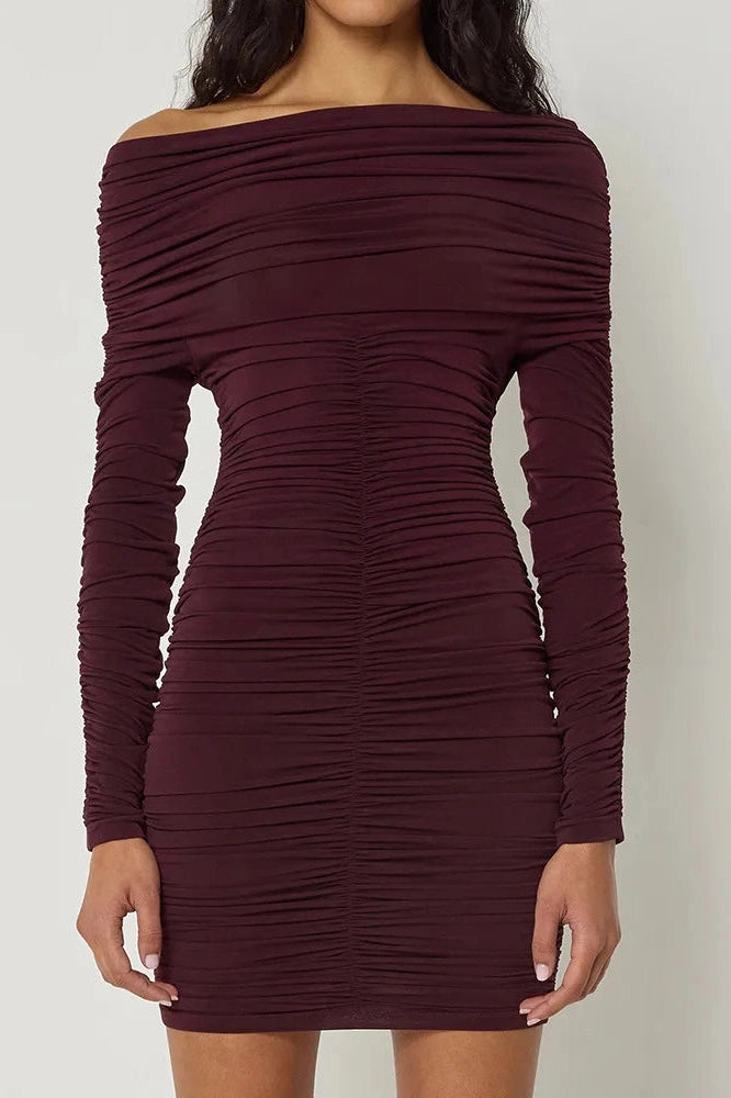 Glorol - Inclined Shoulder Long Sleeve Backless Mini Dress