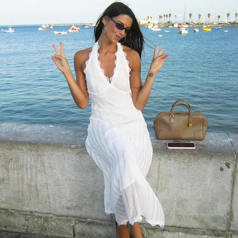 Glorol - Lace Up Patchwork Backless Sleeveless Maxi Dress