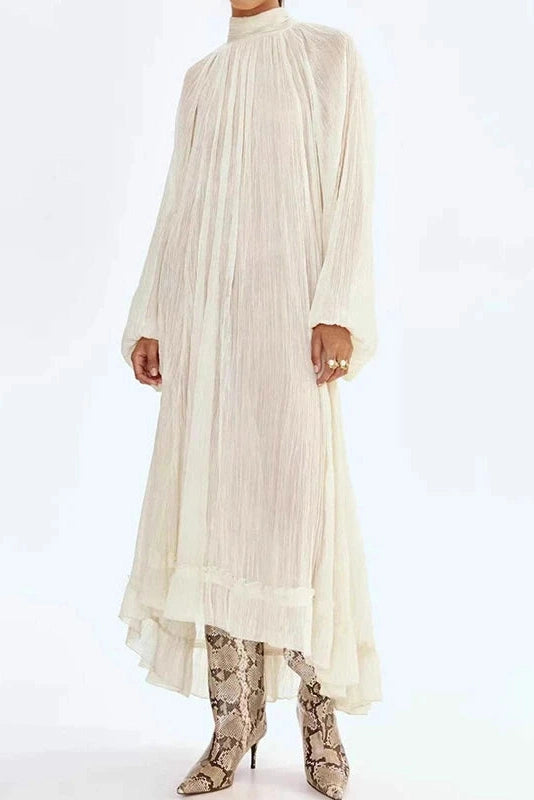 Glorol - Elegant Pleated O-Neck Long Sleeve Loose Maxi Dress