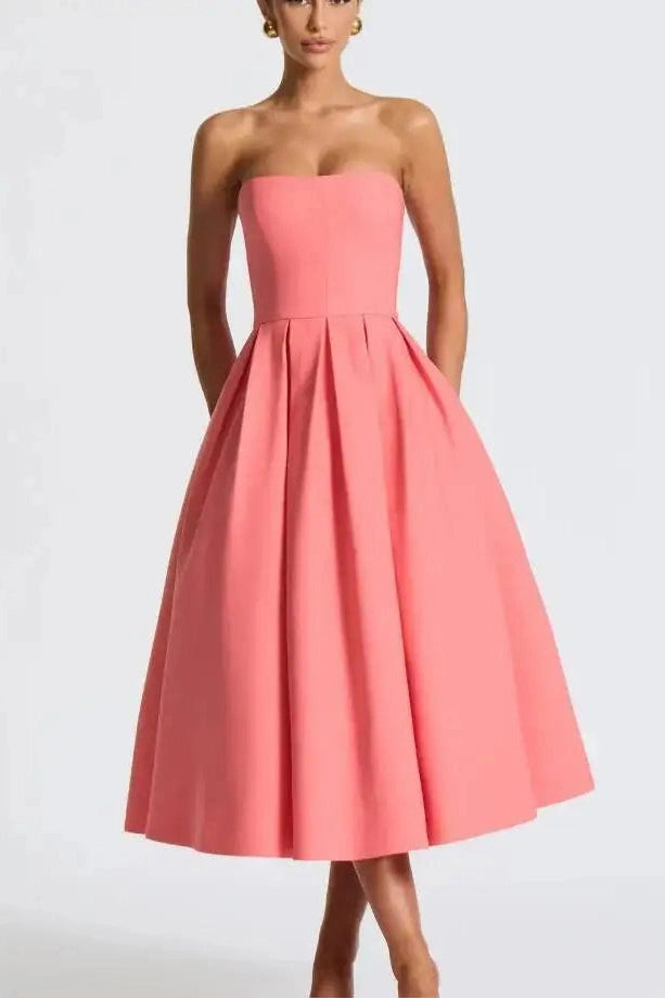 Glorol - Off-Shoulder Strapless Sleeveless Backless High Waist A-Line Midi Dress