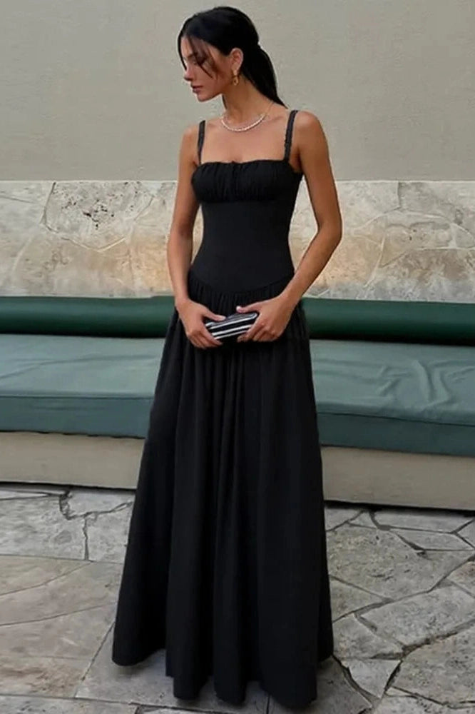 Glorol - Spaghetti Strap Backless Sleeveless High Waist Pleated Maxi Dress