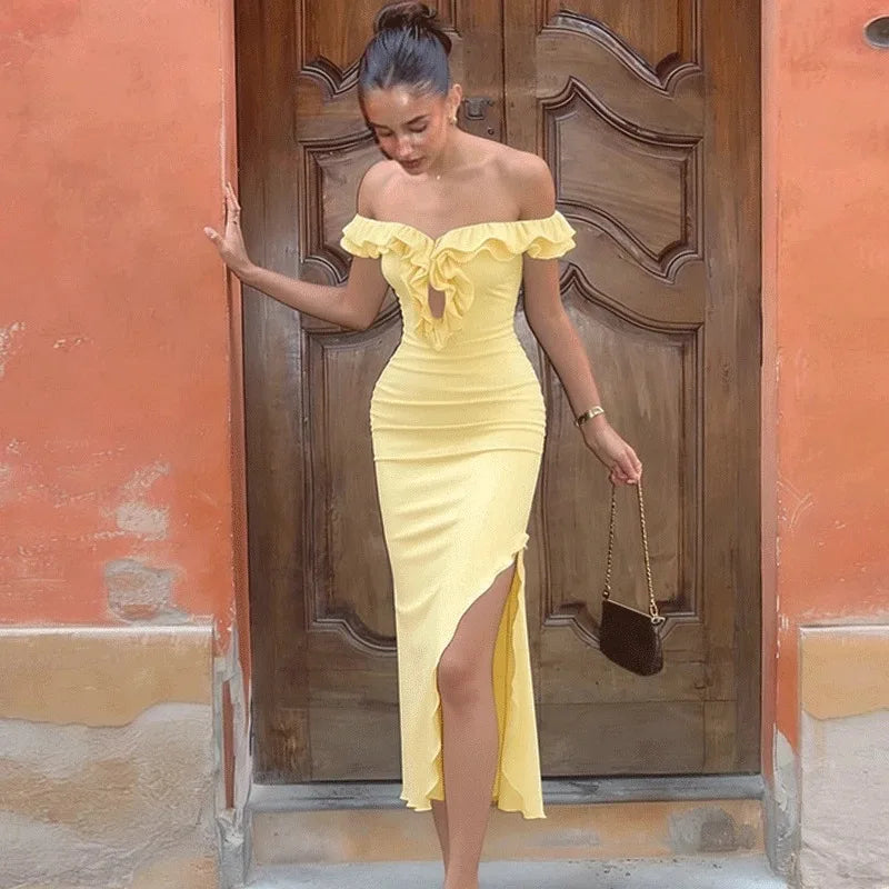 Glorol - Elegant Off Shoulder Hollow Out Midi Dress