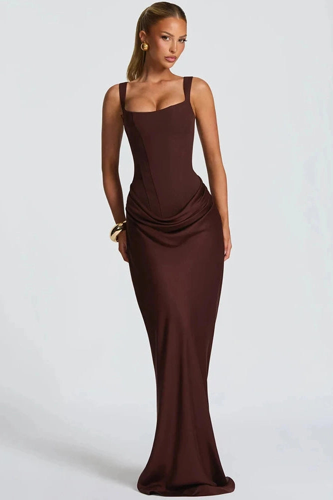 Glorol - Backless Square Collar Straps Sleeveless Bodycon Maxi Dress