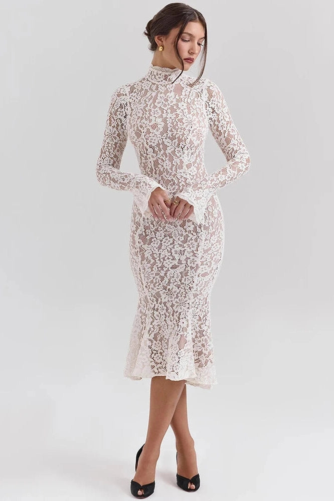 Glorol - Lace Long Sleeve High Waist Bodycon Midi Dress
