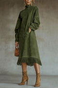 Glorol - Elegant High Collar Loose A-Line High Waist Pocket Midi Dress