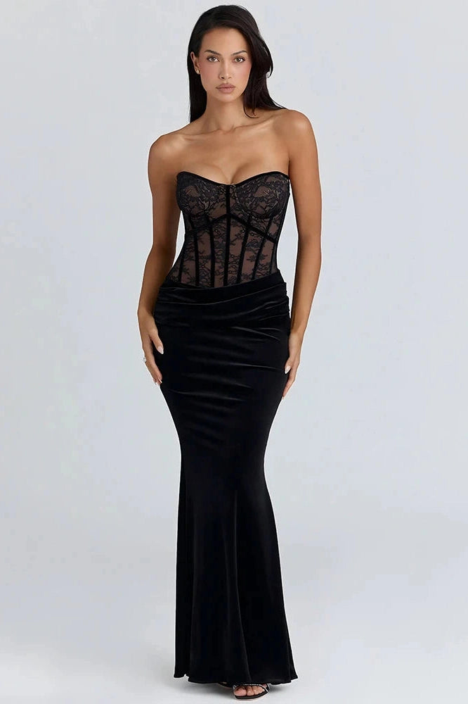Glorol - Long Sleeve Backless Lace Printed Bodycon Maxi Dress
