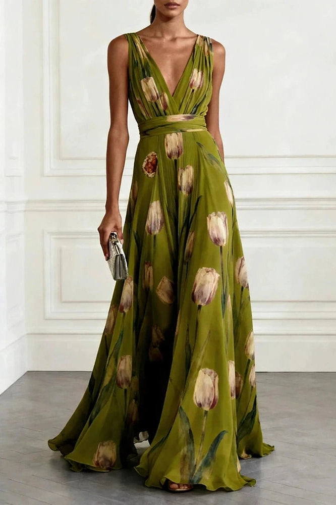 Glorol - Sleeveless Pleated Printed High Waist V-Neck Maxi Dress
