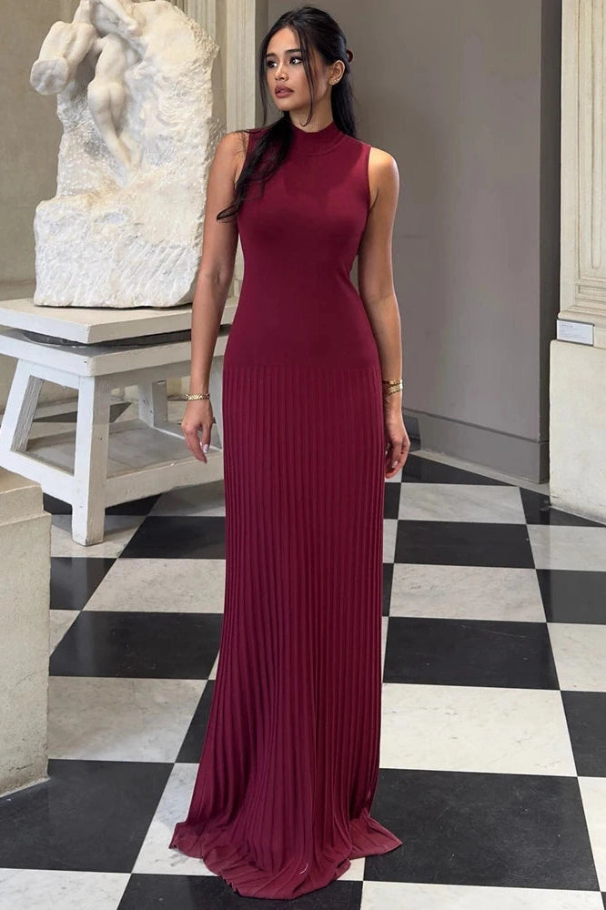 Glorol - High Collar Sleeveless Bodycon Pleated Maxi Dress
