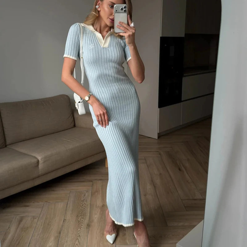 Glorol - Knitted Short Sleeve High Waist Maxi Dress